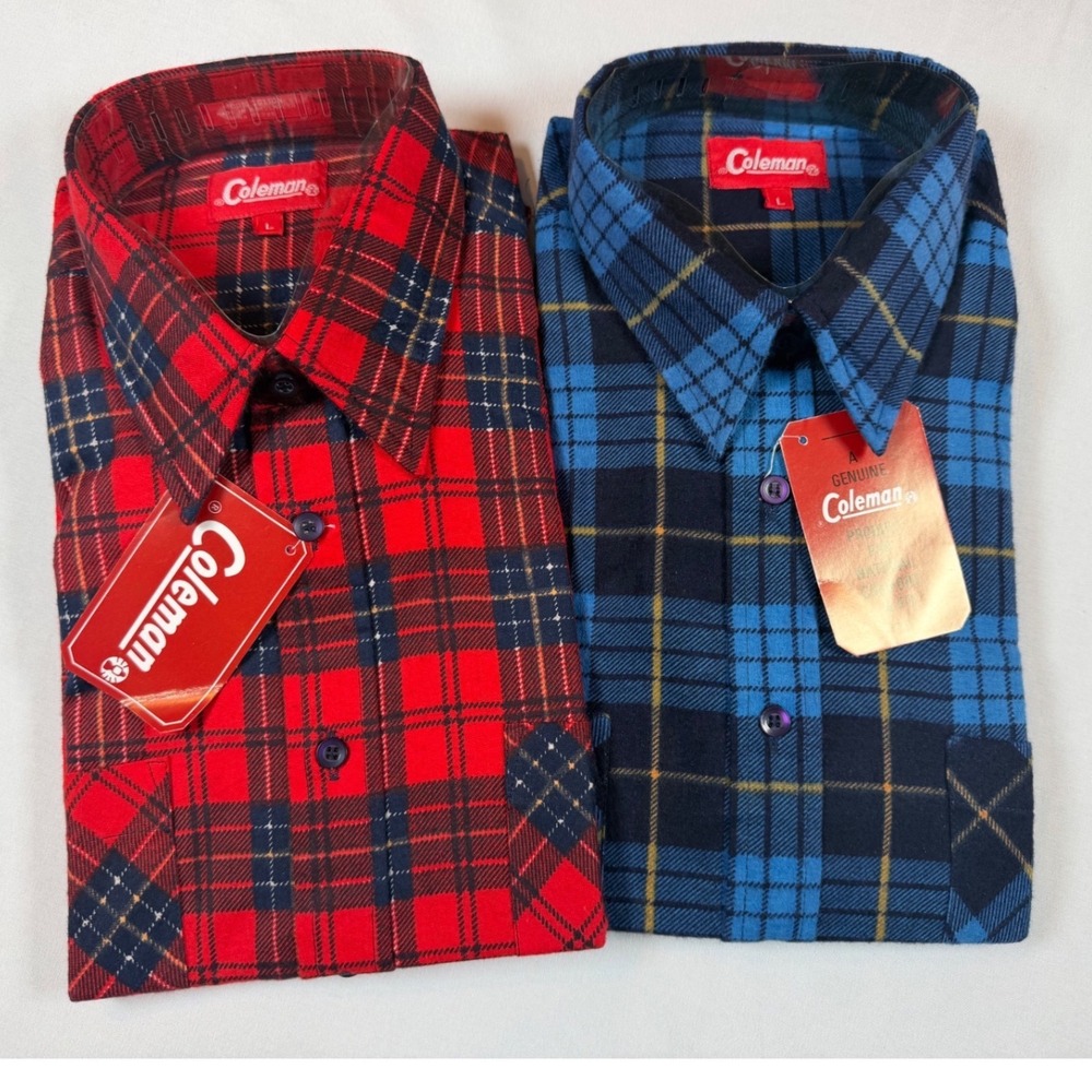 Coleman Flannel Shirt Lot 2 Plaid Button Long Sleeve Red Blue Sz L NEW Outdoor